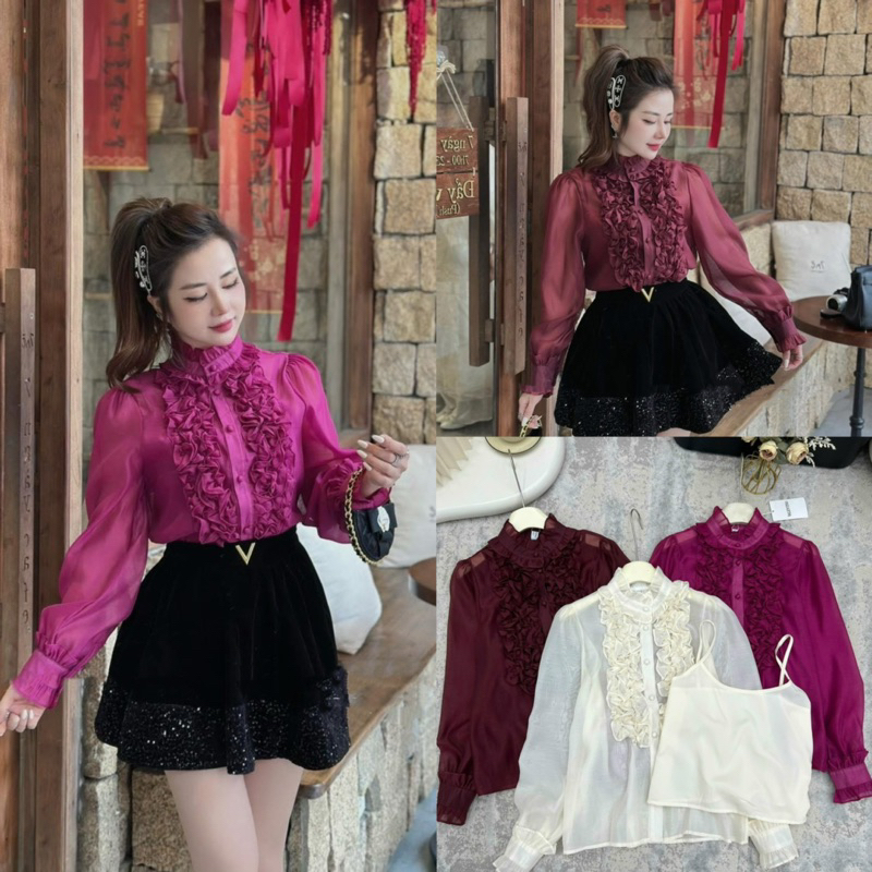 เสื้อไหมพรม VLTN คุณภาพสูง คอปกระบายแขนระบาย (มีเสื้อคล้องคอ)