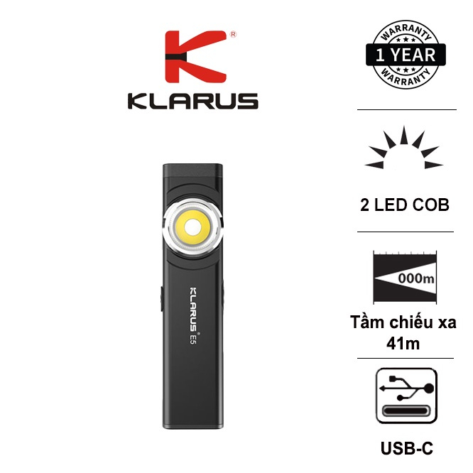 Đèn pin mini siêu mỏng KLARUS E5 600 lumens chiếu xa 30m sử dụng 2 LED COB đuôi nam châm