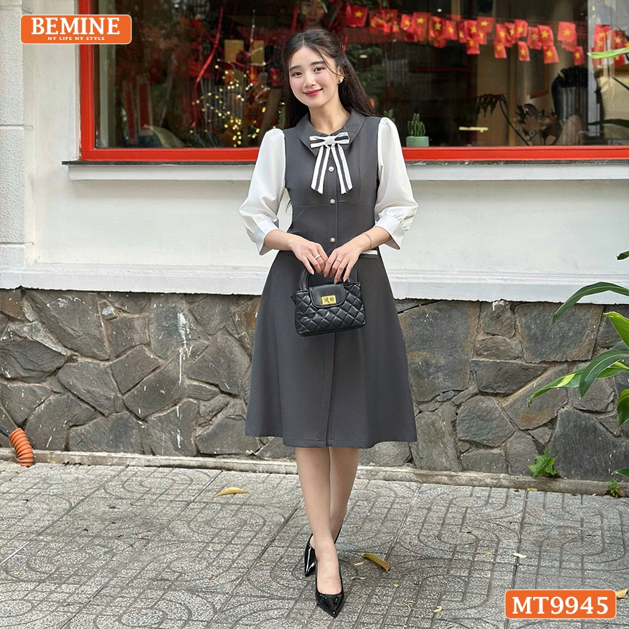 BEMINE เดรสดีไซน์คอปกและกระดุมทรงเอ เหมาะสําหรับทํางานหรือเดินไปรอบๆ twn-MT9945