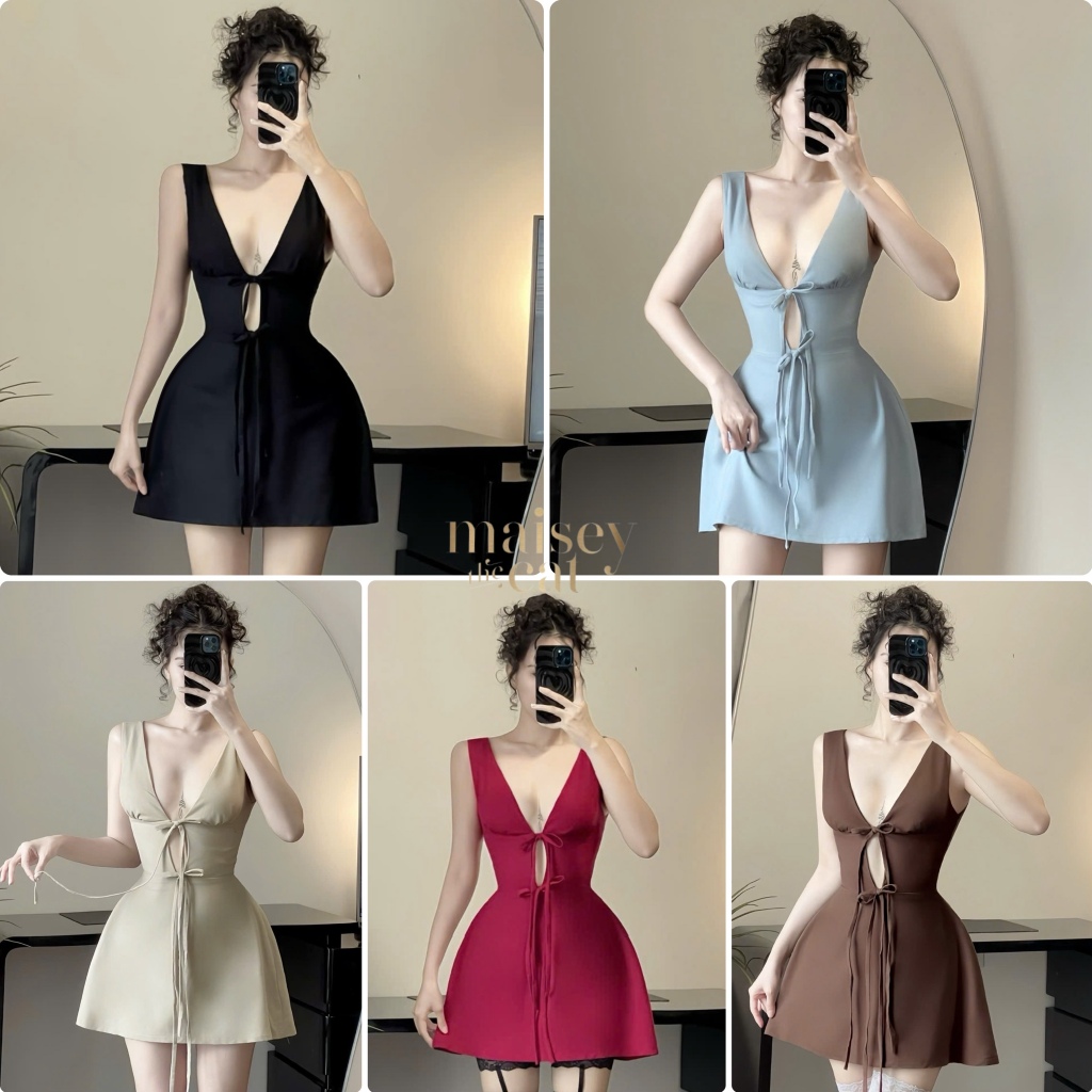 [ไมเซย์273]เดรสทรงเอคอปกลึกผูกโบว์ (มีอก)