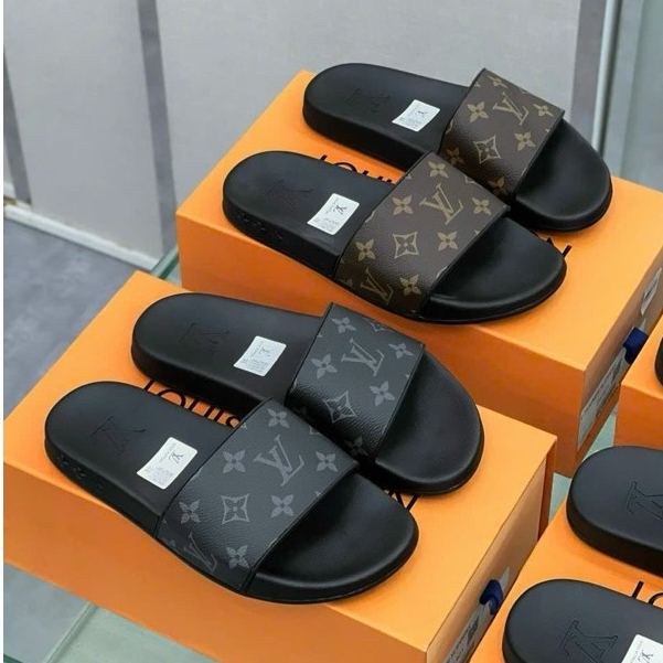 LV เลเวล รองเท้าแตะผู้ชายสายหนังนูนหรูหราพื้นรองเท้ายางขึ้นรูปพิเศษสุด