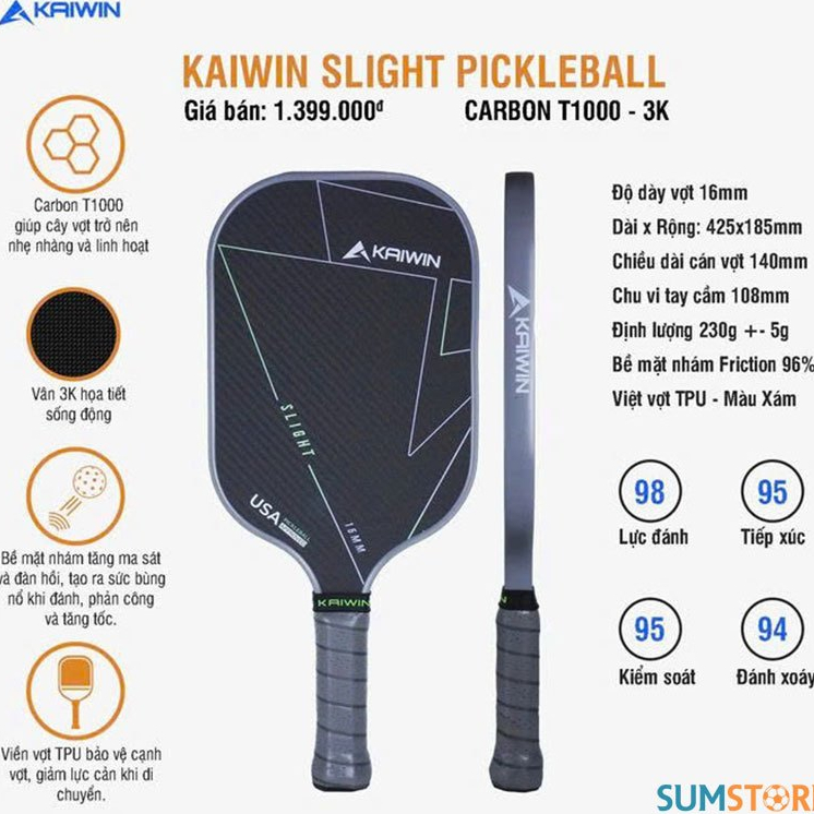 Kaiwin Pickleball Racket Slight T1000 16mm Grey - Ultra Light Racket ความแข็งดี