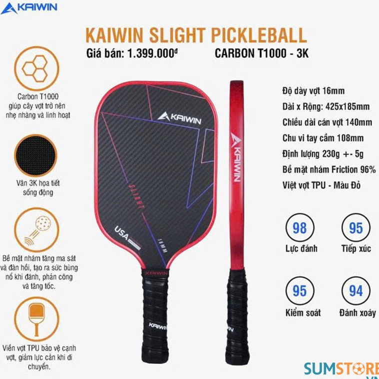 Kaiwin Pickleball Racket Slight T1000 16mm Red - Ultra Light Racket ความแข็งดี