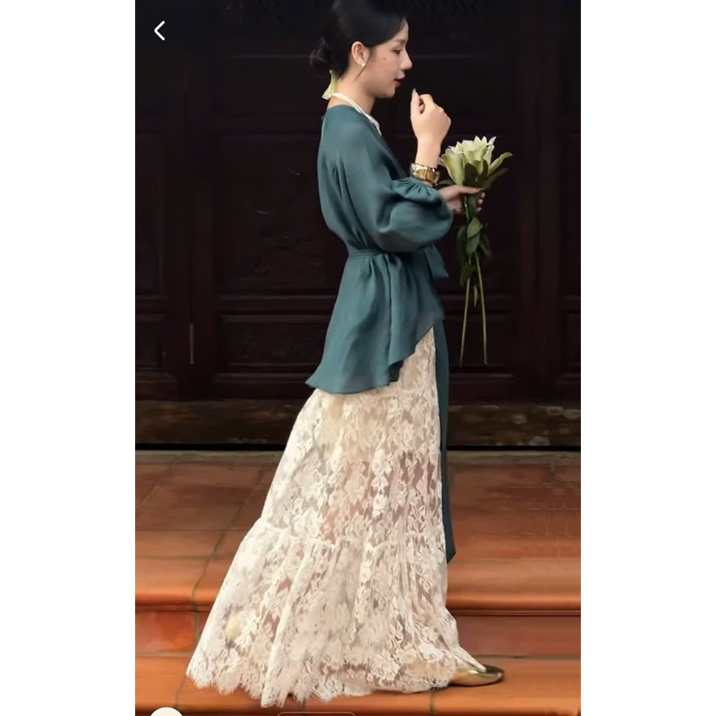 กระโปรงลูกไม้กุหลาบบานยาว ซับใน 2 ชั้น ไซส์ใหญ่ นะ59