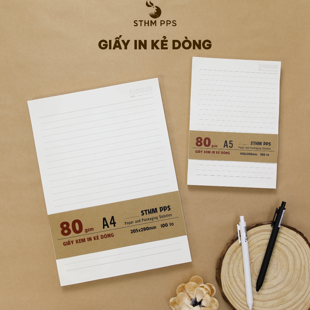 [STHM Hanoi] - แพ็คกระดาษครีม 100 แผ่นพร้อมเส้นพิมพ์ลาย A4, A5-80gsm, 100gsm ใช้สําหรับทําสมุดทํามือ