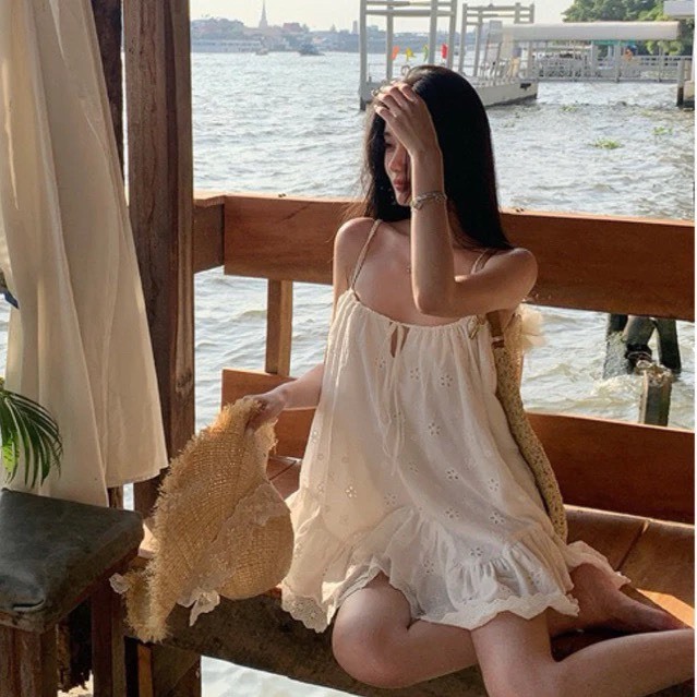 [GIVE PANTS/ type 1] SUPER BEAUTIFUL FLOWER EMBROIDERED BOW TIE DRESS สําหรับ GOING TO THE BEACH V28
