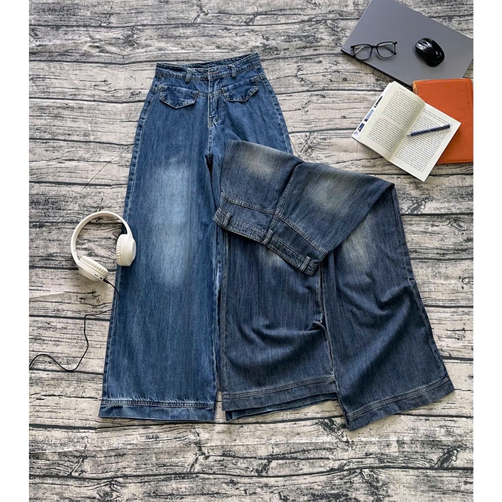 3 ขนาด 45-60KG CUSTOMIZED HEIGHT] กางเกงยีนส์ 550 WIDE STRAIGHT TUBE SOFT WEST WAIST PANTS 98 ซม.LEN