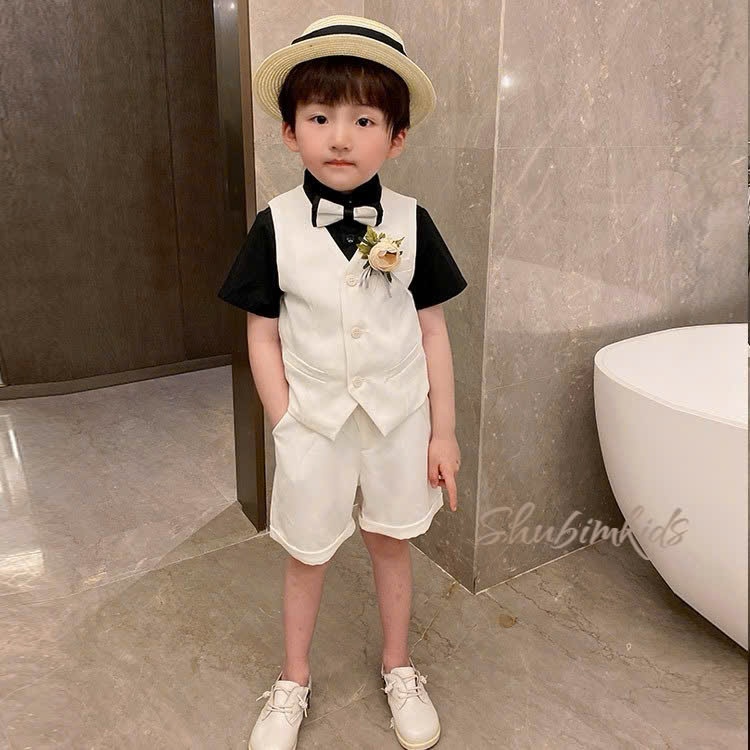 [Shubim Kids] -VT31- ชุด Gile แขนกุดสีขาวบริสุทธิ์คุณภาพสูงสําหรับเด็กผู้ชายพร้อมโบว์และดอกไม้
