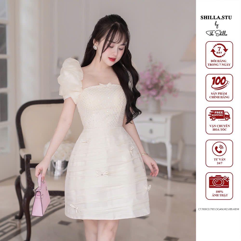ชุดเดรสดีไซน์เนอร์ระดับไฮเอนด์สีครีมแต่งแขนลายดอกไม้หรูหรา [รูปถ่ายจริง]The Shilla-CT.T69C0.71E1