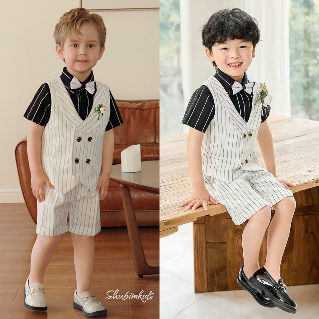 [Shubim Kids] -VT32- ชุด Dude Gile ลายทางสีขาวและสีดําคุณภาพสูงสําหรับเด็กผู้ชาย + โบว์และดอกไม้