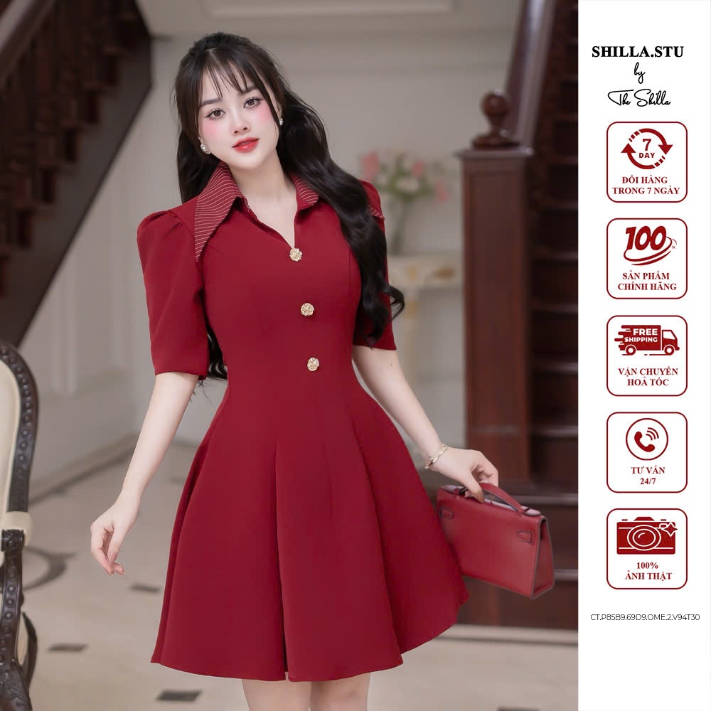 ชุดเดรสดีไซเนอร์ระดับไฮเอนด์สีแดงคอปกเสื้อเชิ้ตครึ่งแขนสุดหรู [รูปถ่ายจริง] The Shilla-CT.P85B9.69D9