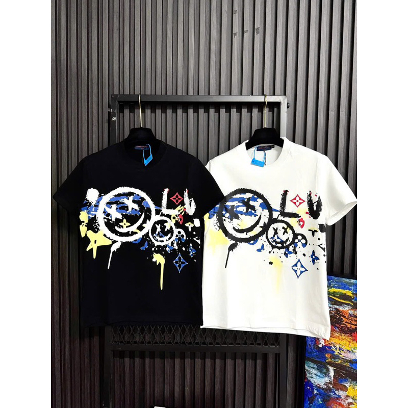 เสื้อยืดผู้ชายคุณภาพสูงพิมพ์ลาย LV SMILE FACE