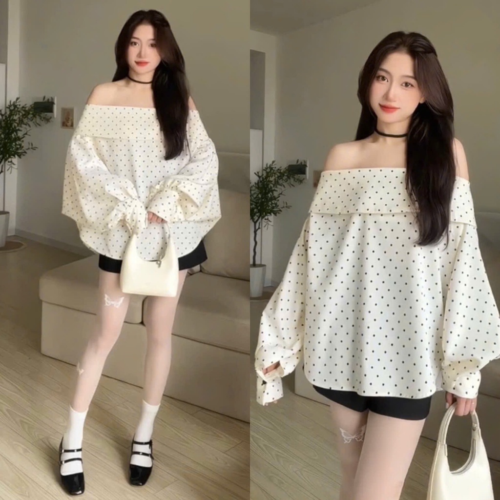 เสื้อเบลาส์เปิดไหล่แขนยาวตะไคร้พิกัดง่ายลายจุด (รูปถ่ายจริงบนพื้น) ฮ่าๆ