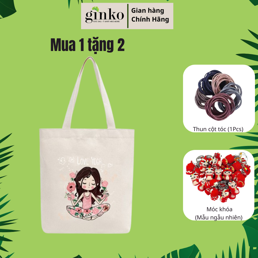 Ginko Canvas Tote Bag มีซิป (มีกระเป๋า) พิมพ์ลาย YOGA Chill G63-GK68 (หลายรุ่น)