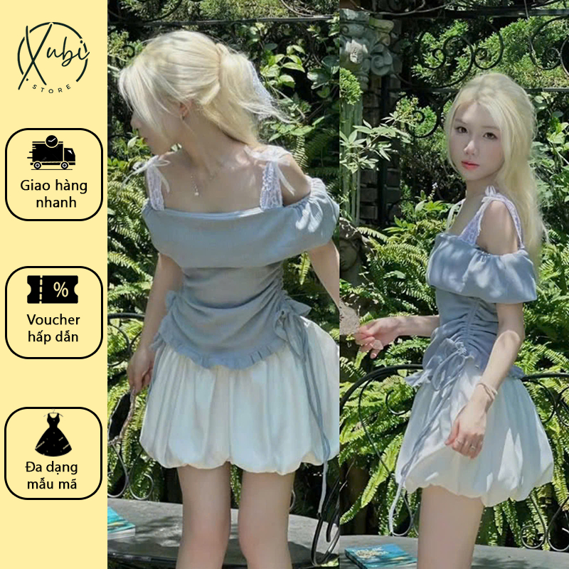 ชุดกระโปรงผู้หญิง เสื้อปาดไหล่เทอร์ควอยซ์ผสมกระโปรงพองน่ารัก - Z82