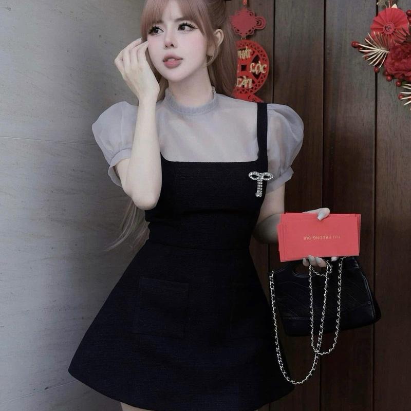 Set (ด้านบน + กระโปรง) 2P พัฟแขนเสื้อผ้าไหมคอ U Form A กระโปรงสําหรับผู้หญิง By Trang Mun H29