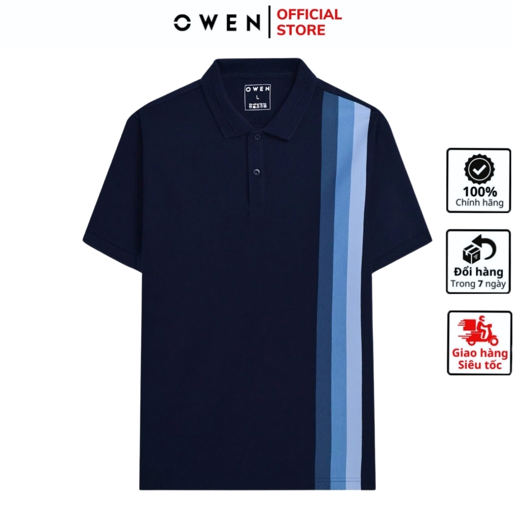 OWEN APV เสื้อโปโลแขนสั้น233208 เสื้อยืดคอปกเปิดลงลายทางสีกรมท่าสําหรับผู้ชายในผ้าคอตตอนเนื้อนุ่มคุณ