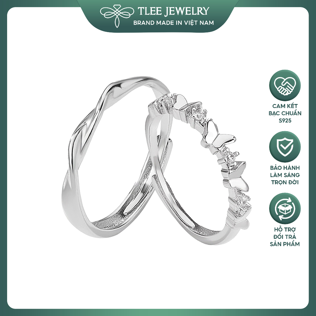 TLEE แหวนคู่เงินสําหรับผู้ชายและผู้หญิง ดีไซน์บิด ความรัก Phalaenopsis พร้อมหิน TLEE JEWELRY ND0121