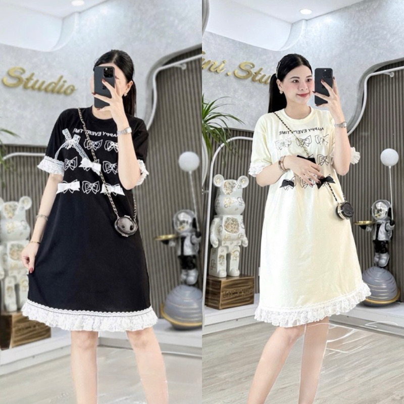 เดรสทรงตรงผ้าฝ้ายชุดเดรสยางยืดยืดขาลูกไม้คอกลมแขนสั้นแฟชั่นโบว์