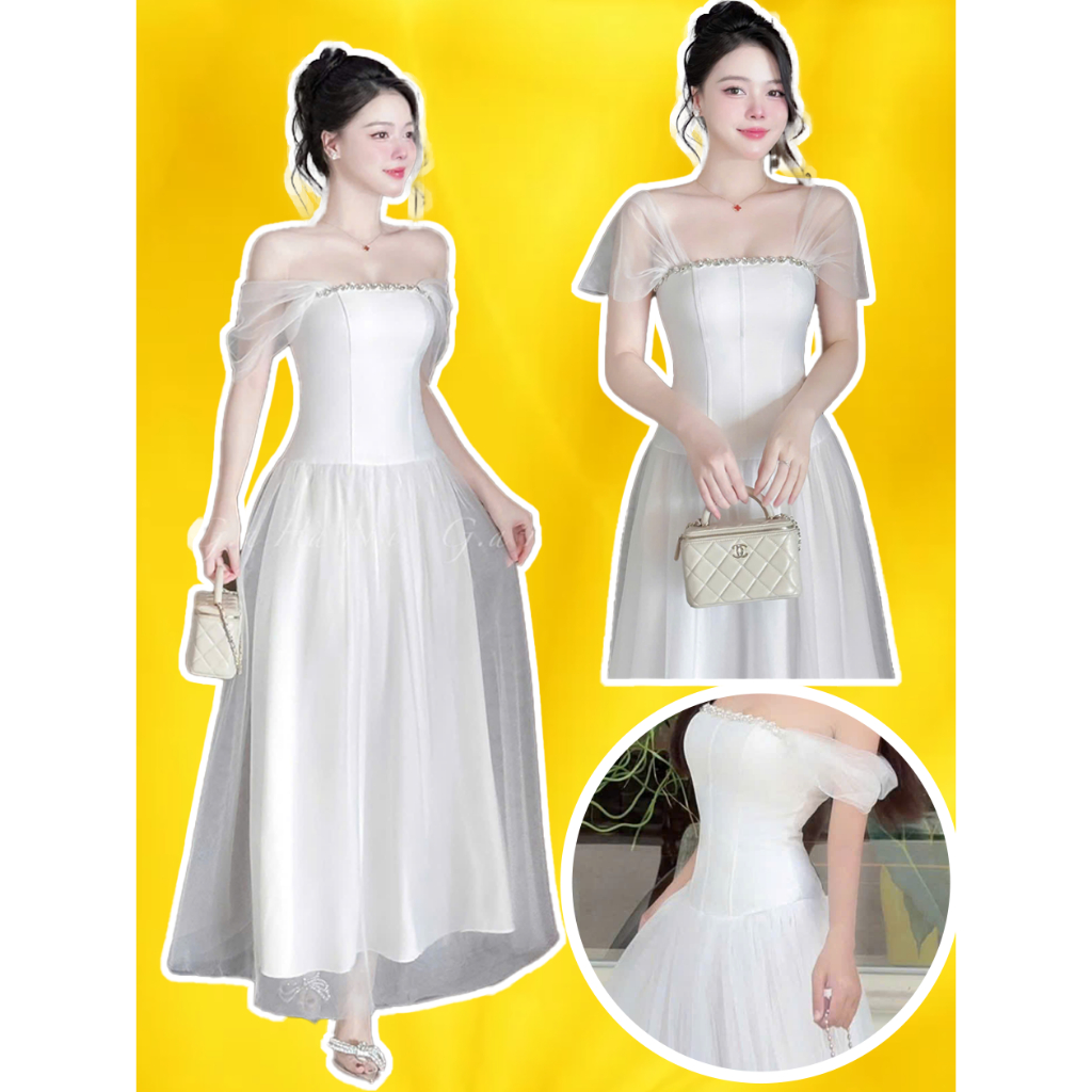 Đầm Váy trắng tiểu thư xoè dài đính đá corset chân váy lưới 45-65KG bigsize trễ vai 2 dây đi bàn cô dâu tiệc cưới VIOLA