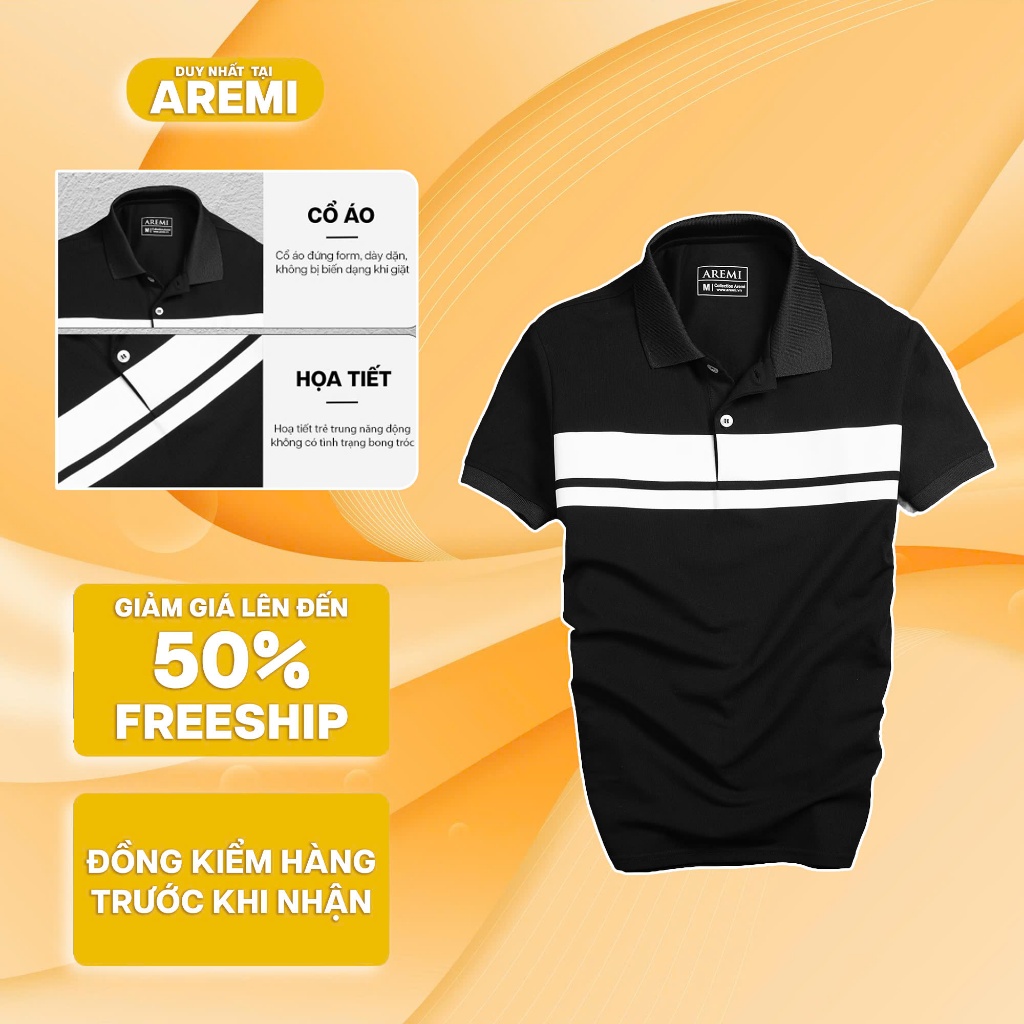 AREMI เสื้อโปโลผู้ชายคอปกคอเต่าแขนสั้น สีดํา พิมพ์ลายแบบมาตรฐาน ดีไซน์เรียบหรู APL0070