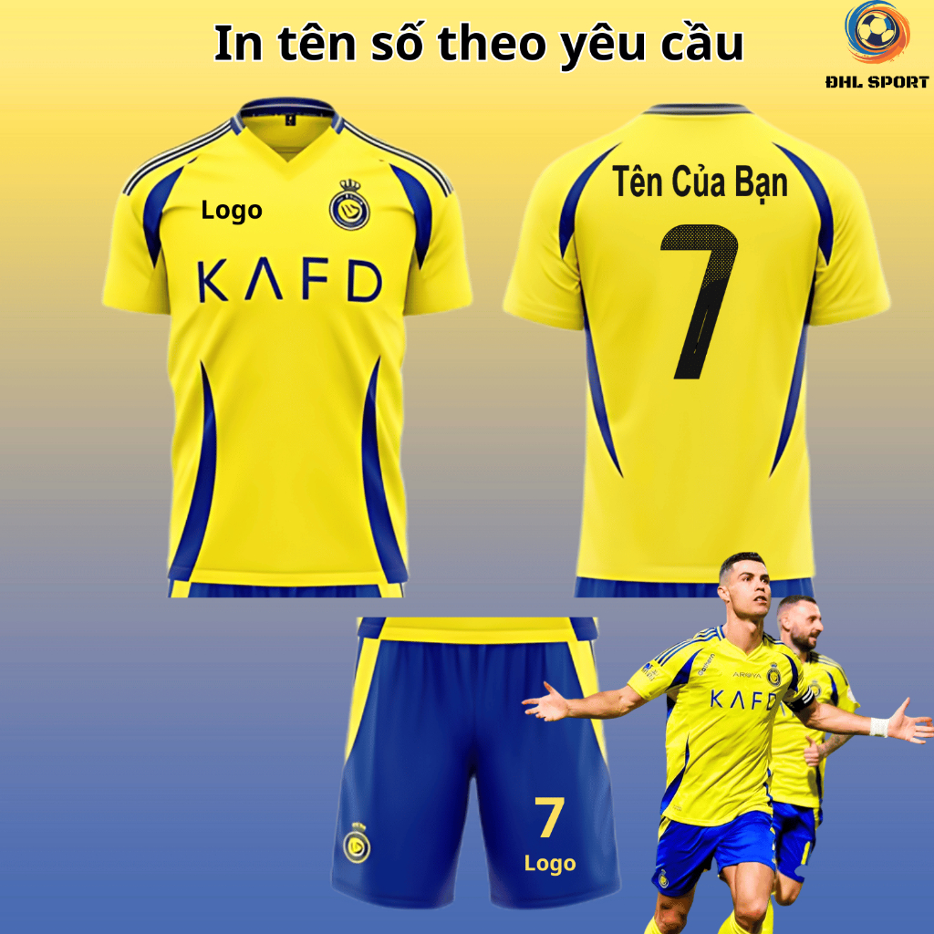 (ผ้ายืดหยุ่นสุดเท่) Al Nasr Club เสื้อฟุตบอลเหย้าสีเหลือง 2024/2025 เสื้อบอลพิมพ์ลายชื่อและตัวเลขขอ 