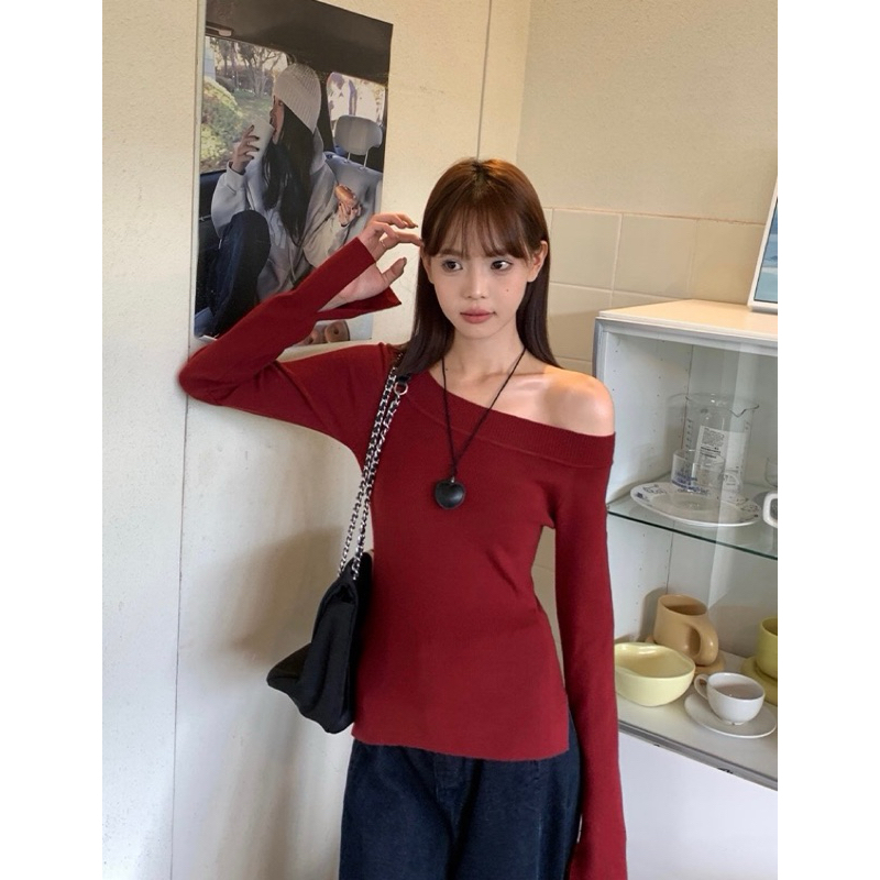 /wgwe.studio - WGWE/ เสื้อสเวตเตอร์เปิดไหล่แขนยาวพื้นฐาน QC ระดับพรีเมียม 2445