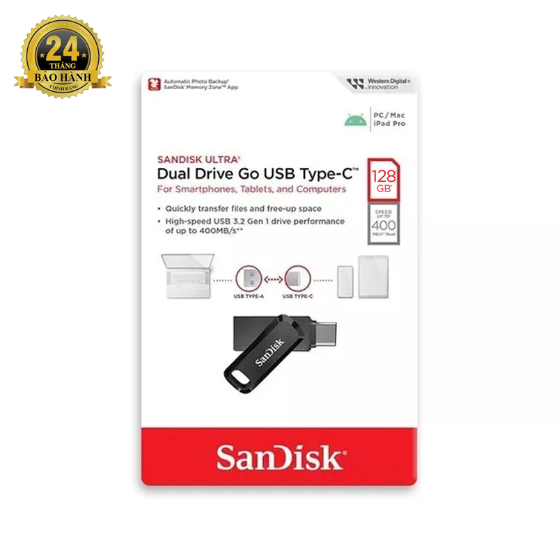 USB OTG Sandisk Ultra Dual Drive Go USB TypeC 3.1 128GB 400MB/s - 2 ปี (SDDDC3-128G-G46)