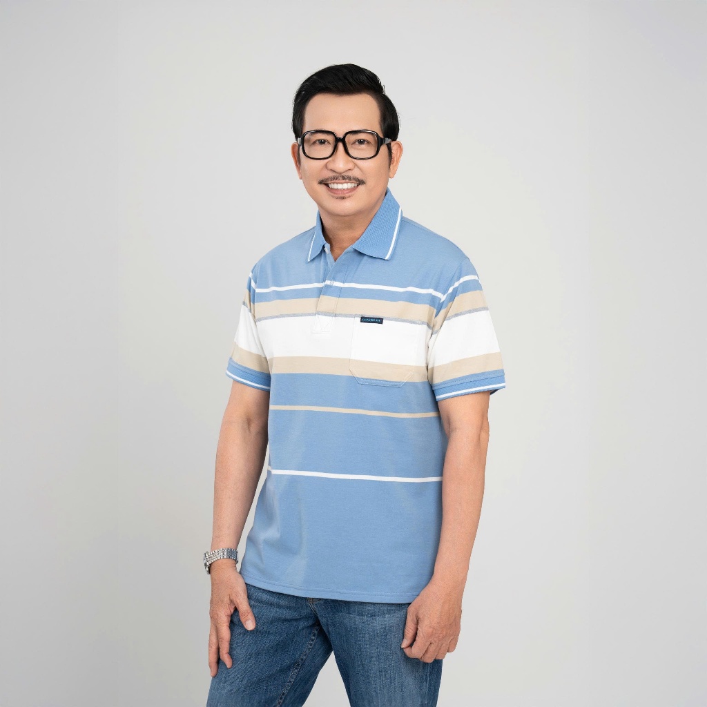 เสื้อยืดผู้ชายสําหรับพ่อลายเส้นแนวนอนพร้อมคอปกเปิดลงและกระเป๋าเสื้อยืดกลางขนาดใหญ่ 4XL ถึง 102KG