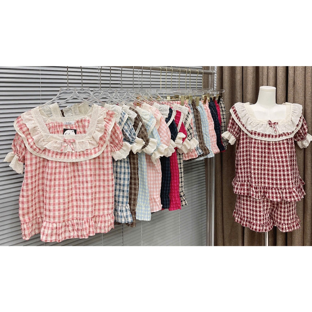 ชุดนอนแขนสั้น SET ผสมกางเกงคอปกลูกไม้คุณภาพเกาหลี_TNB02