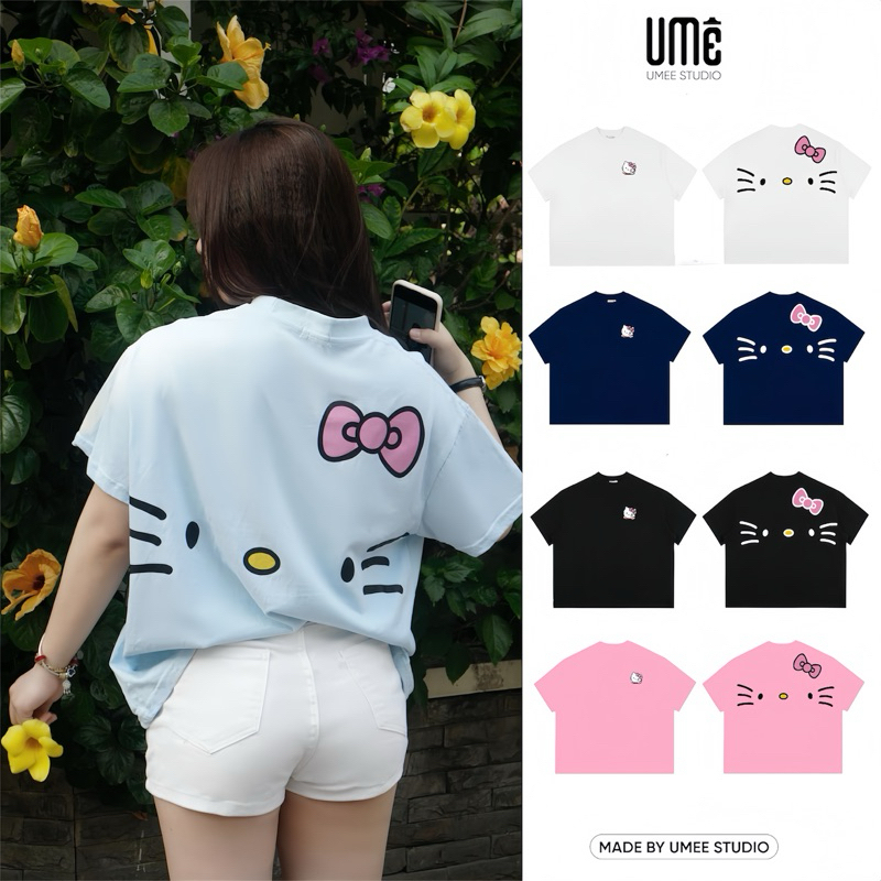 Big Boxy Local Brand UME เสื้อยืดหลวมแขนสั้นผ้าฝ้ายรอบคอผู้ชายผู้หญิงการ์ตูน "HELLO KITTY CAT "LV