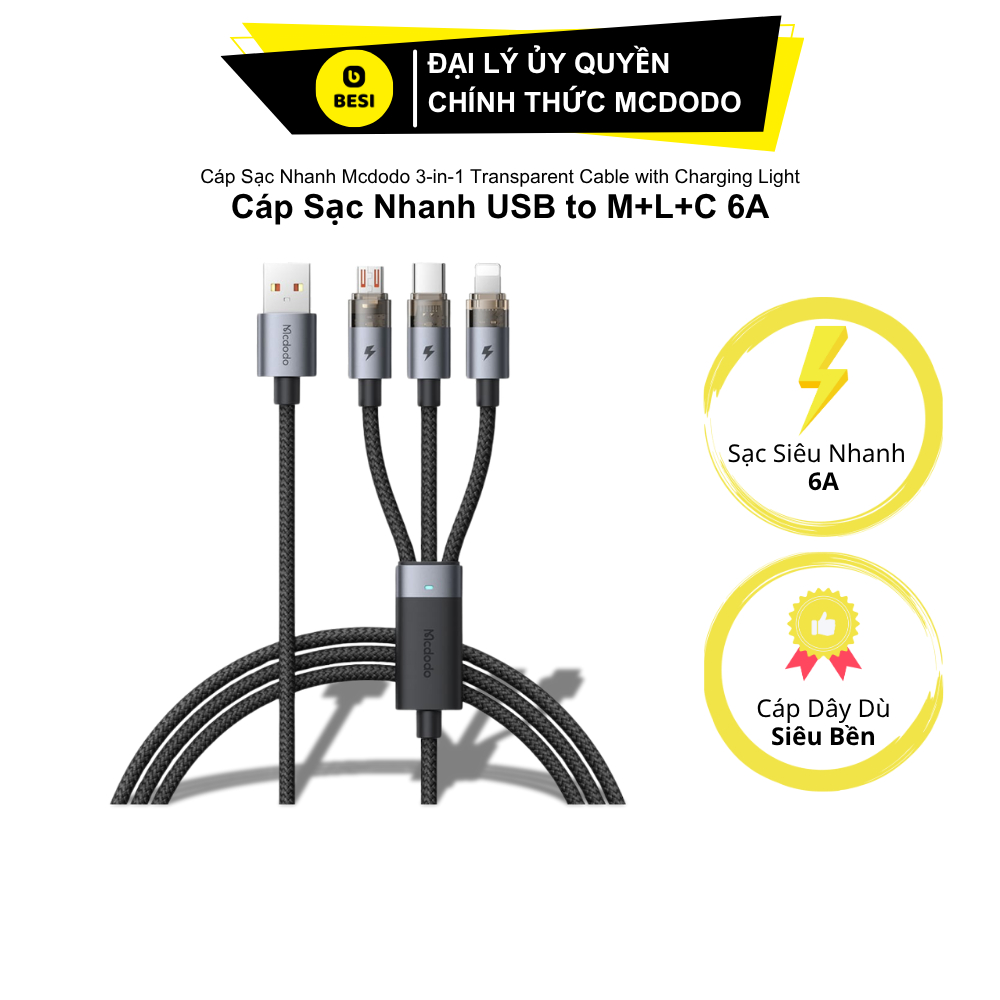Mcdodo 3 in 1 USB to M+L+C 6A สายชาร์จเร็ว | ชาร์จ3อุปกรณ์โคตรเร็วในเวลาเดียวกัน