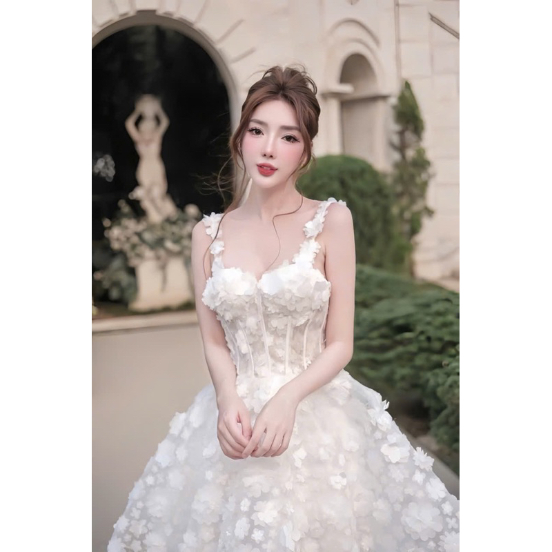 เดรสสั้นเจ้าสาวสําหรับตารางและปาร์ตี้ 2-Strap Over-the-Knee Floral Mix Dress คุณภาพสูง BECHIC แฟชั่น