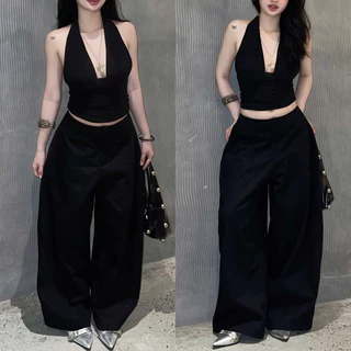 FINNIE DEROSE PANTS - กางเกง HaRem ขากว้าง Derose สีกากีเอวเรียบและชายเสื้อ