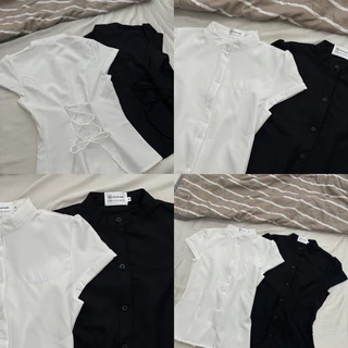 LANIE TOP - เสื้อเชิ้ต DEROSE เรียบง่ายพร้อมเย็บปักถักร้อยตัวอักษรและเชือกผูกเอวด้านหลัง