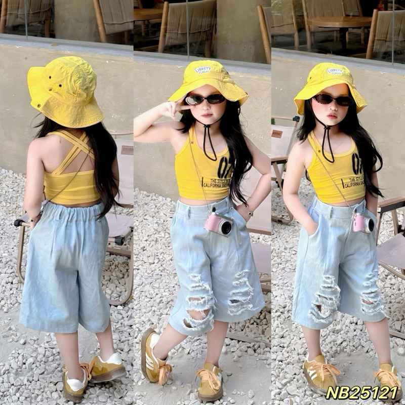 Discharge NHB121 เสื้อคล้องคอแบบไขว้หลัง ชุดเบอร์ 07 และกางเกงยีนส์ขาดๆสําหรับเด็กผู้หญิง