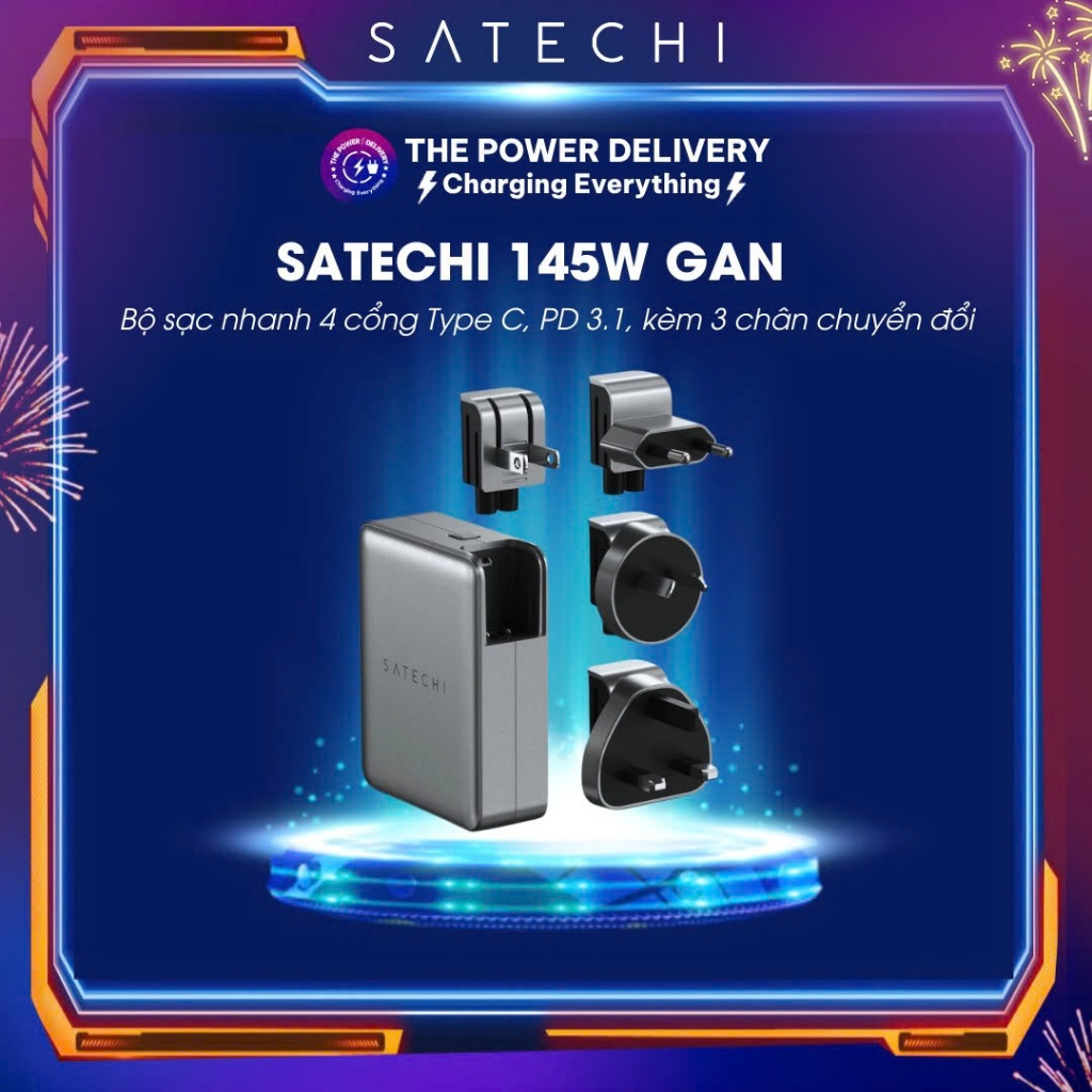 Satechi 145W GaN เครื่องชาร์จเร็ว Type C 4 พอร์ต เทคโนโลยี PD 3.1 พร้อมหมุดแปลงสะดวก 3 พิน - สินค้าข