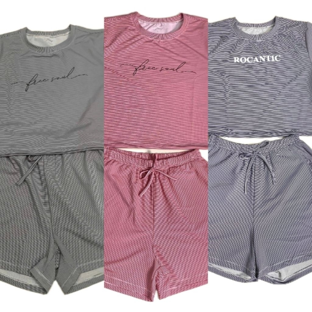 ชุด Jarry แถบแนวนอน เสื้อครอป กางเกงขาสั้น 2 กระเป๋า ไซส์ M,L,XL