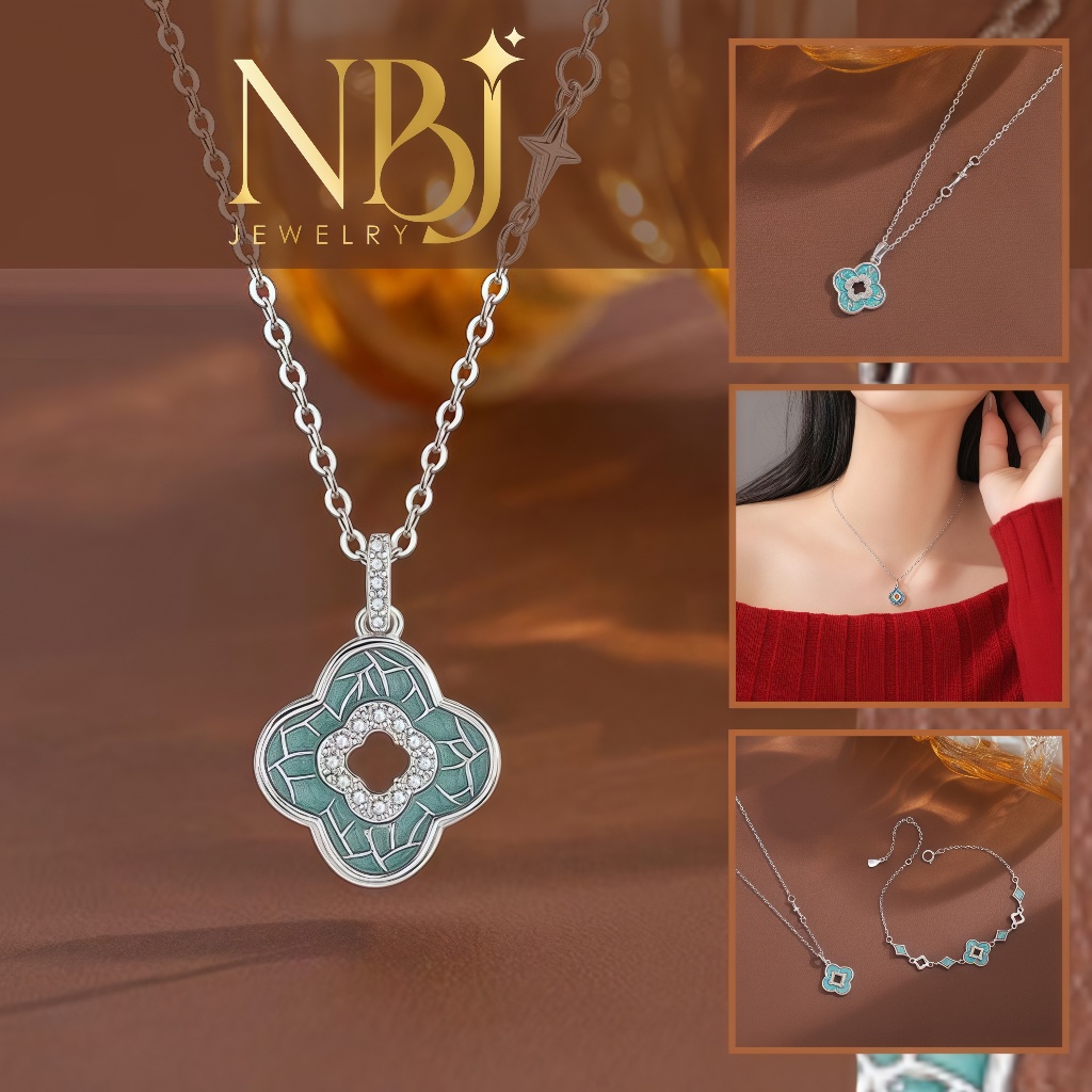 ไม่มี สร้อยคอผู้หญิง เงิน ส999 ดอกไม้สี่กลีบด้วยหิน CZ หรูหรา แฟชั่นระดับไฮเอนด์ หน้าโมเสคเทอร์ควอยซ