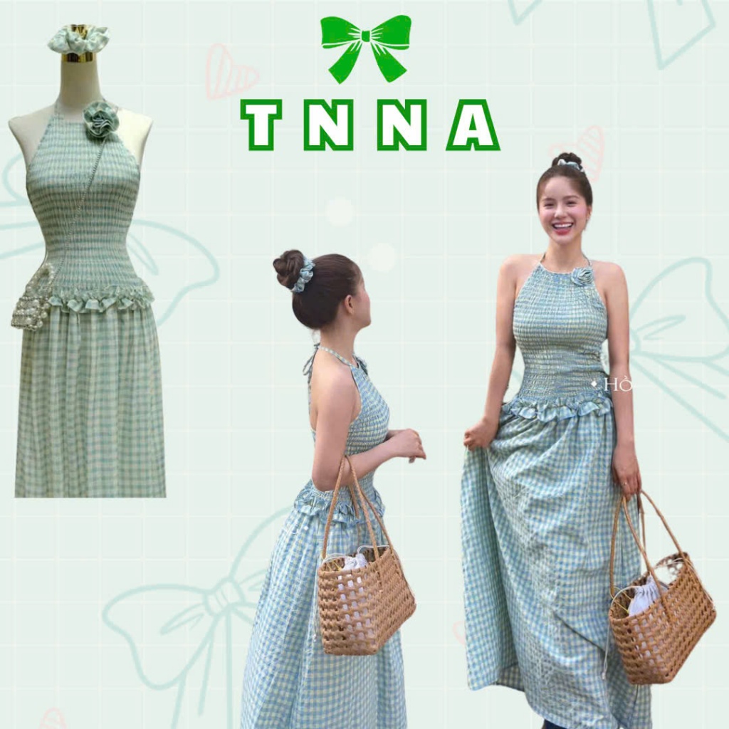 Tna_แม็กซี่เดรสลายตารางสีฟ้าคล้องคอเอวระบายแอพไหล่ดอกไม้และผ้าผูกผม