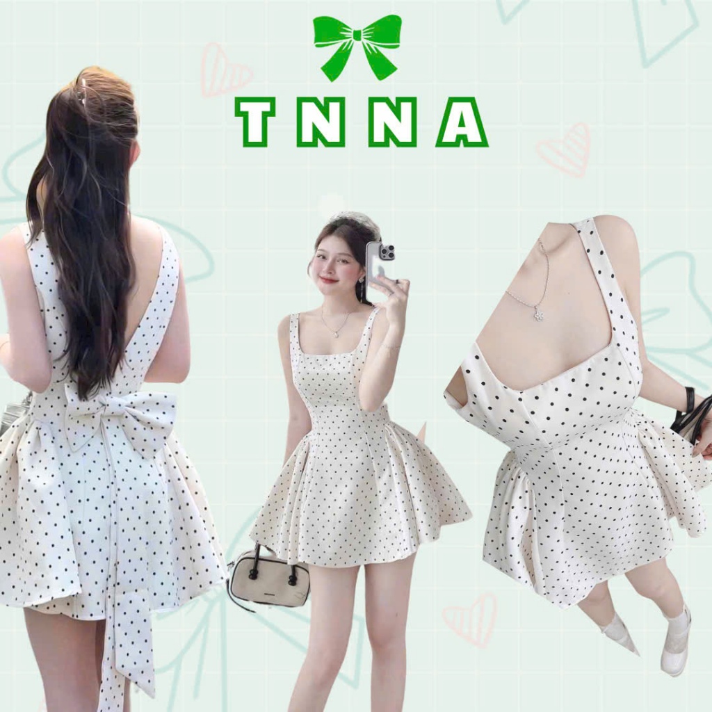 TNA_Lady เดรสลายจุดคอเหลี่ยม อกเกาะอก หลังโบว์