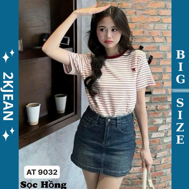 เสื้อยืดคอกลมผู้หญิงลายทาง 2KJeans Bigsize 55kg-90kg เสื้อยืดแขนสั้นผู้หญิงทําจากผ้าฝ้ายบ่อสุกยืดสุด