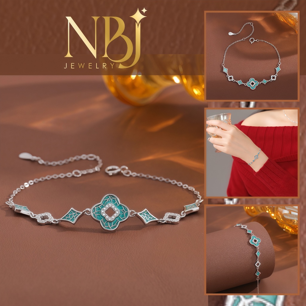 NBJ สร้อยข้อมือผู้หญิง เงิน ส999 ดอกไม้สี่กลีบฝังด้วยหิน CZ หรูหราแฟชั่นระดับไฮเอนด์หน้าโมเสคเทอร์คว