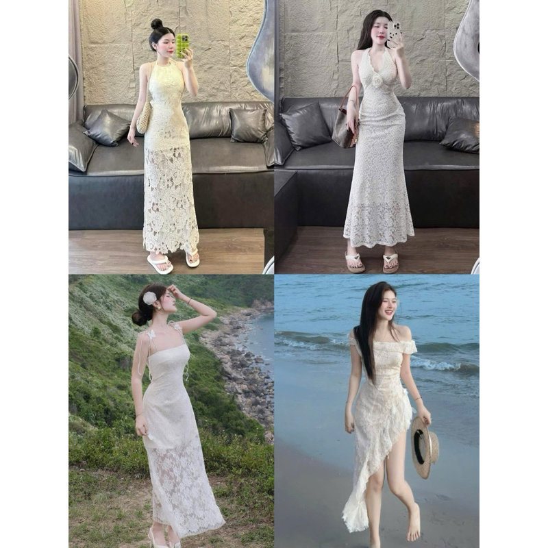 SYNTHESIS OF PARTY DRESSES - ชุดเดรสดีไซน์ด้วยลูกไม้และคล้องคอยาว สีครีม 2 ชั้น สวยสุดๆสําหรับงานปาร