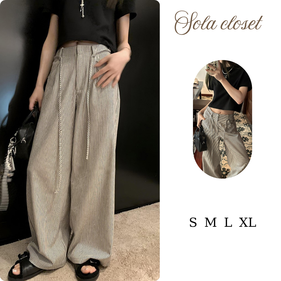 กางเกงลายสก็อตขากว้าง kate แบบหนา กางเกงขาตรง มีสายรัด เอวสูงแบน - Sola closet