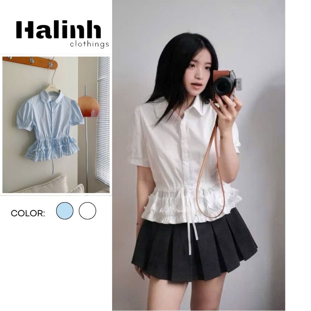 เสื้อเชิ้ตแขนสั้นจับจีบผู้หญิง ทรงกลาง ฟรีไซส์ ผ้าคอตตอนดิบ by Halinh M290