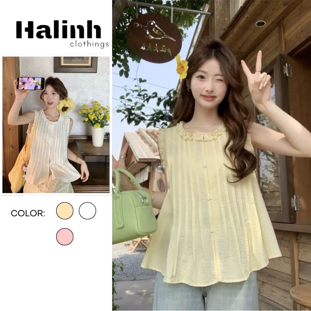 เสื้อเชิ้ต เบบี้ดอลล์ สุดน่ารัก คอปกจับจีบและกระดุมหน้า - สําหรับผู้หญิง โดย ฮาลินห์ ม303