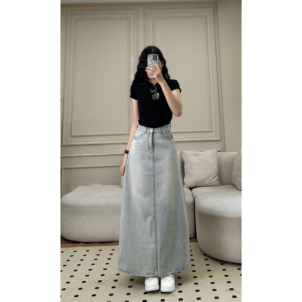 กระโปรงยีนส์รูปตัว D กระโปรงยีนส์ยาว A-Form Dynamic – CV7926_P9K8 ผ้ายีนส์หนา ทรงมาตรฐาน สีฟ้า