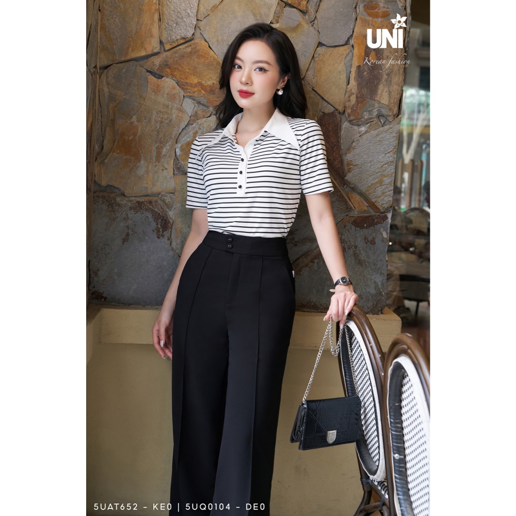 UNIVTH เสื้อยืดผู้หญิงเยอรมันแนวนอนลายคอปกแขนสั้น 5UAT652 UNI KOREAN FASHION