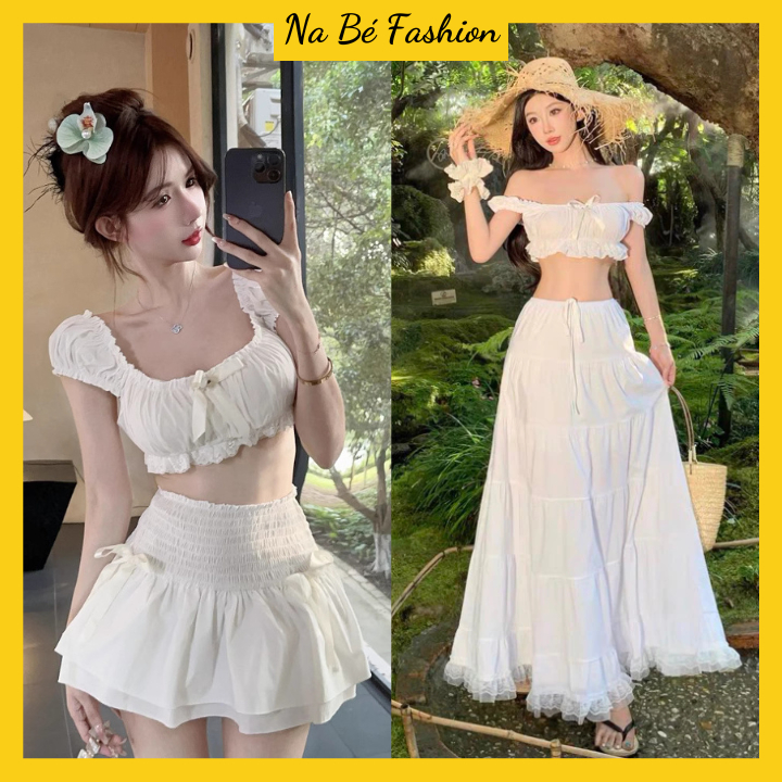 (พร้อมแผ่นซับน้ํานม) ชุดท่อนบนถักโครเชต์เปิดไหล่พร้อมโบว์ที่หน้าอกผสมกระโปรงบานลูกไม้เหมาะกับชายหาดและการเดินทาง